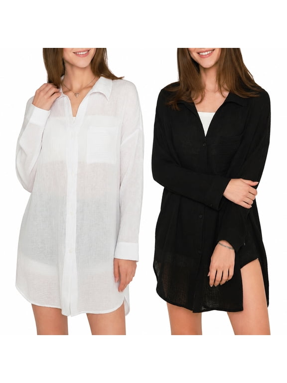 2 Pack Womens Swimsuit Cover Up Cotton Beach Button Down Shirt Dress Long Sleeve Bathing Suit Coverups for Swimwear Beachwear