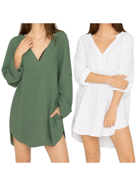 Women's 100% Cotton Seersucker V Neck Swimsuit Coverup Bikini Cover Up Dress Bathing Suit Cover White-Green