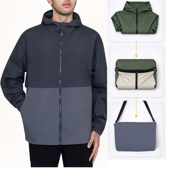 MERIDIANO Men's Hooded Packable Windbreaker Converts to Sling Bag Lightweight Water Resistant Nylon Jacket