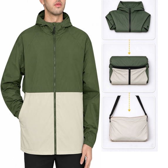 MERIDIANO Men's Hooded Packable Windbreaker Converts to Sling Bag Lightweight Water Resistant Nylon Jacket