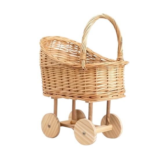 MERIGLARE Baby Carriage Basket Wicker Vintage Stroller Prop Wooden Wheels Rustic Storage for Newborn Photoshoot Nursery Home