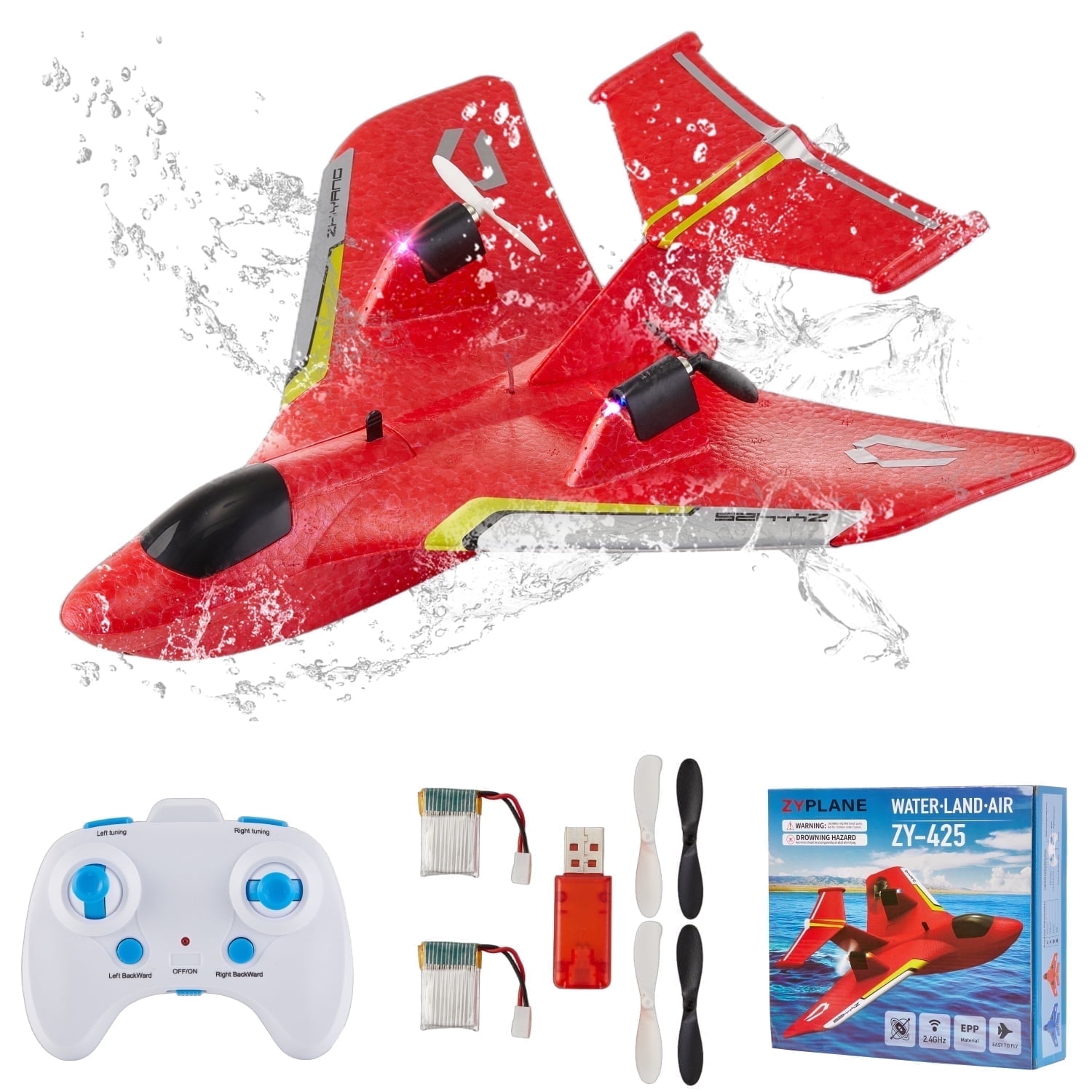 Petbank RC Plane for Water Land & Air, 2CH Remote Control Airplane with Lights and 2 Batteries, 2.4GHz RC Airplane Glider Aircraft Toys Gift for Kids Adult