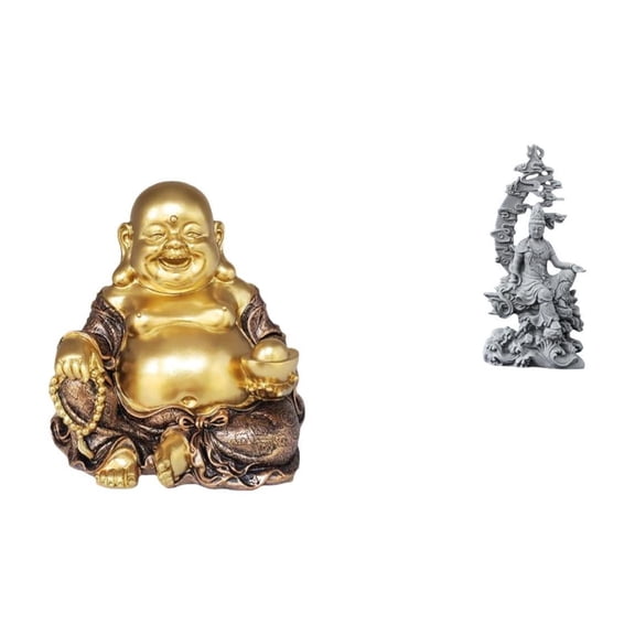 MERIGLARE Maitreya Buddha Sculpture and Guan Yin Statue Feng Shui Tabletop Ornament Laughing Buddha Kuanyin Figurine Crafts for Anniversary Party Office Bedroom Living Room