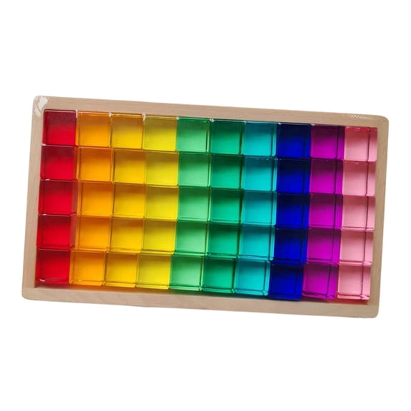 MERIGLARE Rainbow Building Blocks Gem Stacking Blocks Sensory Training Toys Acrylic Cubes Stacking Game Toy with Wooden Storage Box Smooth Transparent Color Perception Suitable for Kids 50pc