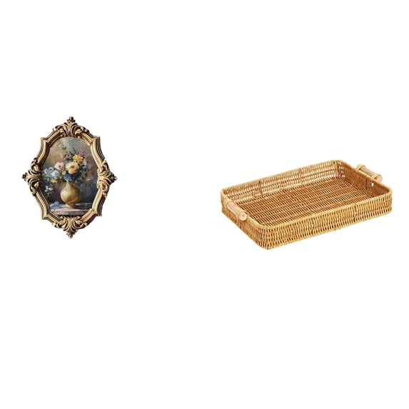 MERIGLARE Vintage Resin Art Photo Frame and Woven Fruit Basket Decorative Holder for Office Bedroom Gallery Desktop Snack Serving Plate