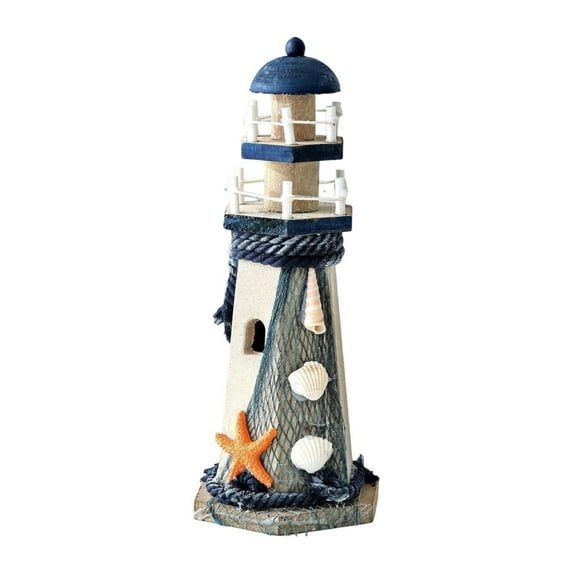 MERIGLARE Wooden Lighthouse Sculpture Collectible Creative Birthday Gift Beach Themed Ornament Lighthouse Figurine for Bedroom Entrance Starfish