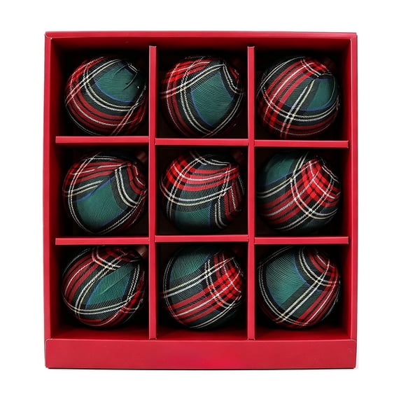 MERILER 9 Piece Plaid Christmas Ball Ornaments Set Fabric Wrapped Hanging Baubles Plastic Xmas Tree Decorations Holiday Home Party