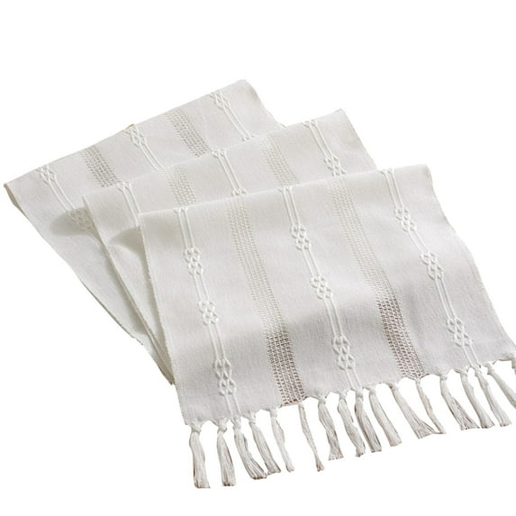 MERILER Boho White Flax Linen Macrame Table Runner with Tassels - Woven Rustic Table Decoration for Bohemian Home, Dining, and Bedroom (1 Count)