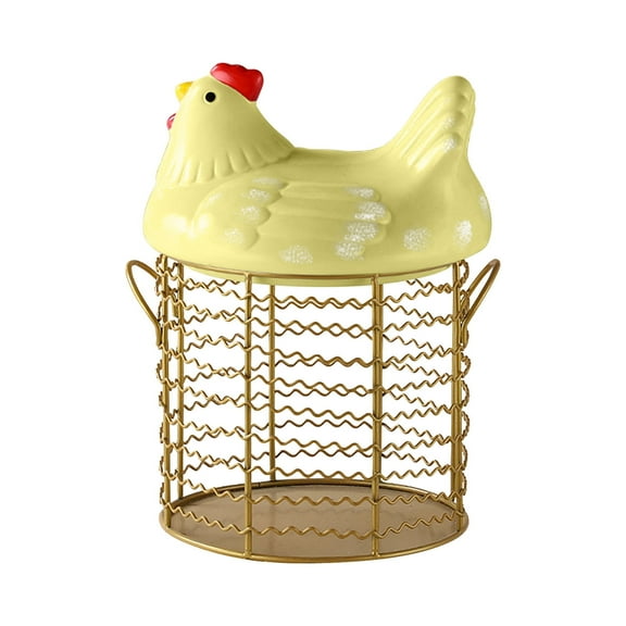 MERILER Colorful Design Eggs Basket with Ceramic Chicken-Shaped Lid - Round Wire Basket Bottom and Handle for Collecting Up to 30 Eggs, Perfect for Farm Aesthetic Display