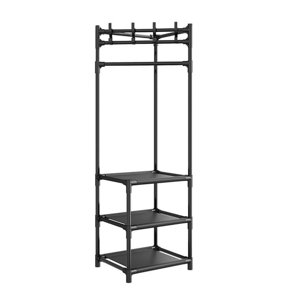 MERILER Freestanding Coat Rack - Hall Tree with 2 Storage Shelves, Black Metal Closet Organizer for Corner Storage in Entryway Bedroom, No Tools Assembly