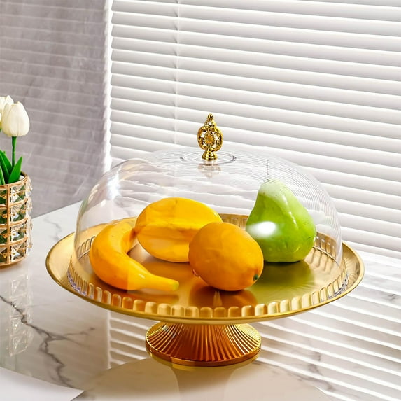 MERILER Gold Metal Dessert Display Stand with Acrylic Lid - Multifunctional Snack and Fruit Tray for Elegant Home or Commercial Use