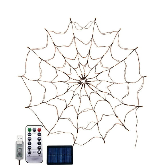 MERILER Halloween Arachnid Web Lights with 60 LED and Black Spider, Waterproof Purple Net Lights, Solar Powered with Remote Control for Outdoor Garden Decorations