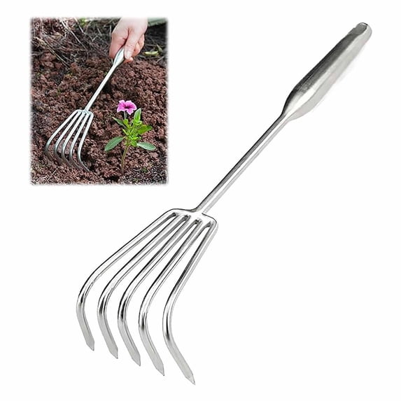 MERILER Heavy Duty Carbon Steel Garden Rake, Sturdy Leaf Rake for Yard Work, Multifunctional Seaside Tool for Beach Clamming and Outdoor Soil Loosening