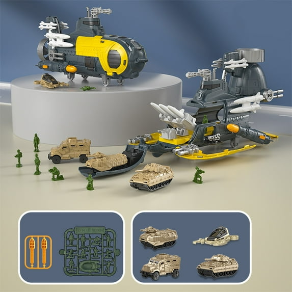 MERILER Kids Military Submarine Toy Set with Vehicles and Soldiers, Assembled Storage Playset with Helicopters, Role Play Army Toys for Boys Ages 3+