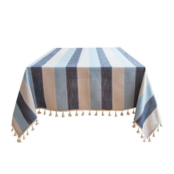 MERILER Mediterranean Blue Striped Polyester Linen Tablecloth for Indoor and Outdoor Use, Rectangular Design with Exquisite Fringe