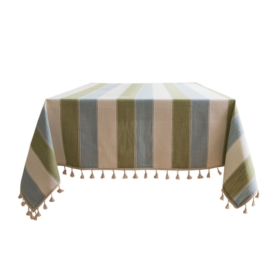MERILER Mediterranean Blue Striped Polyester Linen Tablecloth for Indoor and Outdoor Use, Rectangular Design with Exquisite Fringe