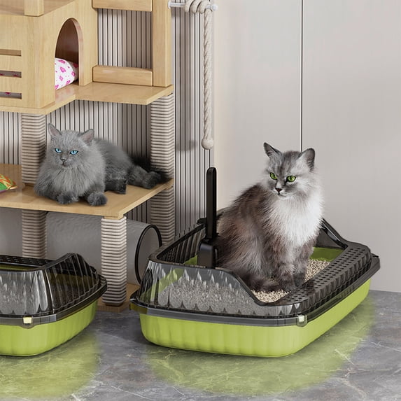 MERILER Semi-Enclosed Cat Litter Box with High Sides and Splash-Proof Design, Non-Slip Open Toilet Tray with Scoop, Easy-to-Clean Plastic Litter Pan for Home Use