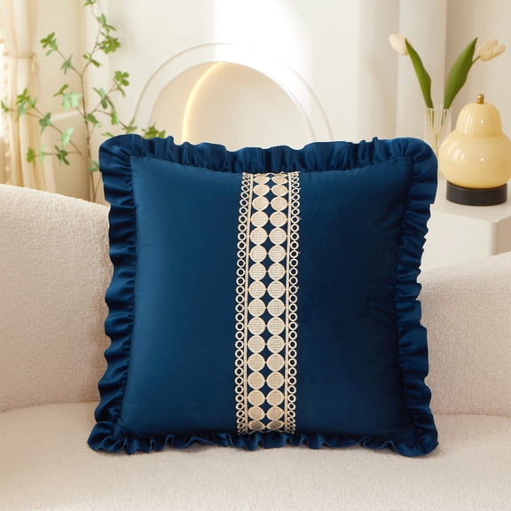 MERILER Velvet Decorative Pillow, 18x18 Inch Lace Splicing Throw Cushion for Sofa, Soft Solid Color Square Pillow for Living Room Home Decor
