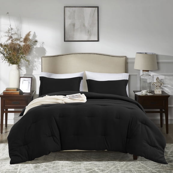 MERITLIFE Black Comforter Set California King Size, 3 Pieces Cal King Lightweight Plain Bedding Set & Collections, Oversized All Season Fluffy Bed Set (104x96In Comforter & 2 Pillowcases)