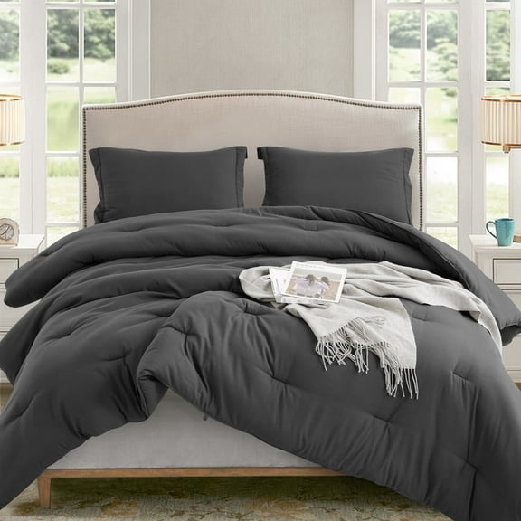 MERITLIFE Dark Grey Comforter Full Set, Dark Gray Lightweight Plain Bedding Comforters Sets, All Season Fluffy Bed Set (79x90In Comforter & 2 Pillowcases)