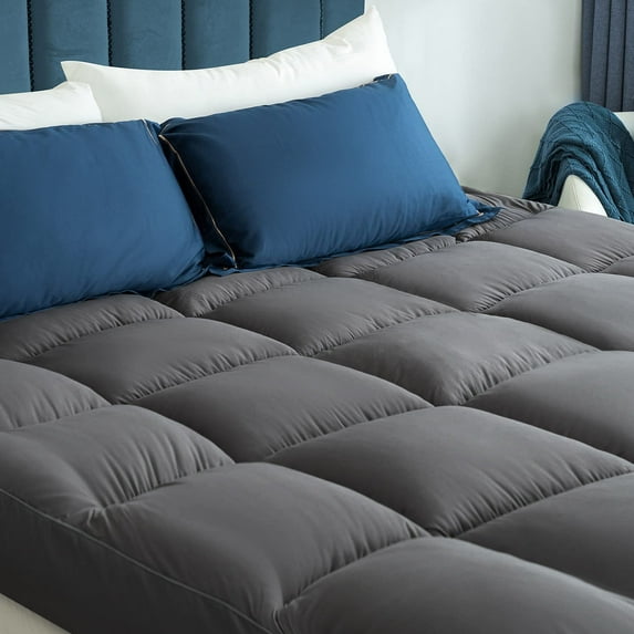 MERITLIFE Full Xl Extra Thick Mattress Topper, 400TC Cotton Pillow Top Protector with 8-21" Deep Pocket 5D Spiral Fiber Padding for Back Pain, Cooling Plush Mattress Pad Cover, Grey
