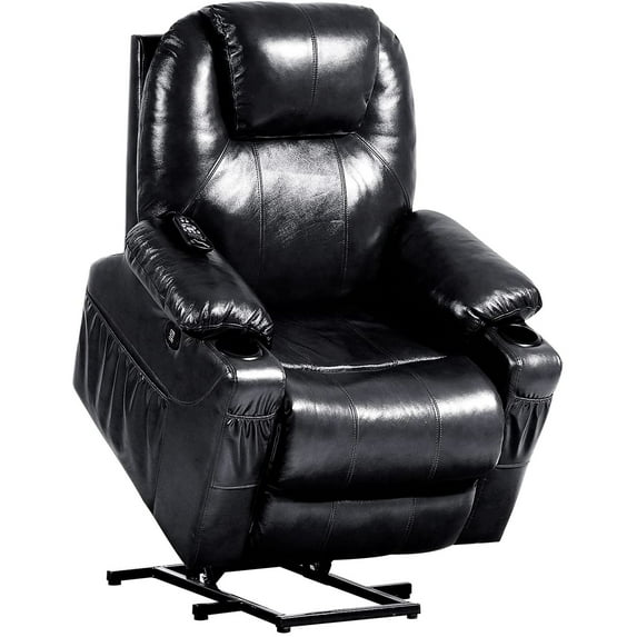 MERITLIFE Genuine Leather Power Lift Recliner with Massage, Heat, USB Ports, Cupholders, Black