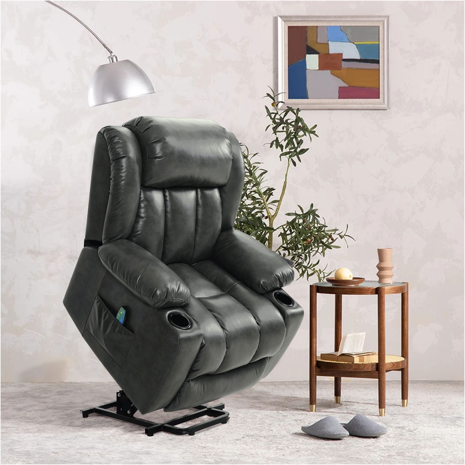 MERITLIFE Real Leather Power Lift Chair with Two Okin Motor Electric Lift  Recliner with Lumbar Support Lays Flat Home Sofa Chairs,Black 