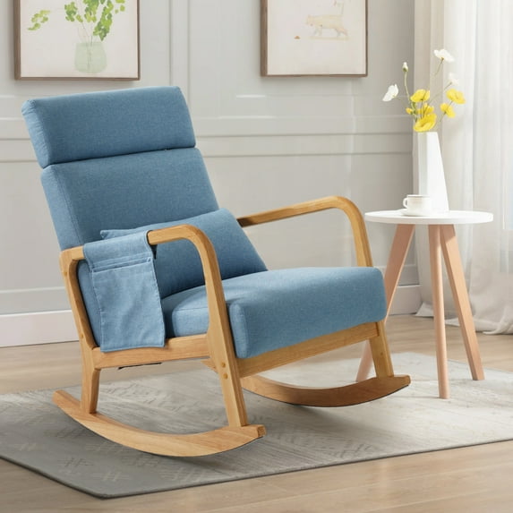 MERITLIFE Modern Accent Rocking Chair, High Backrest Upholstered Armchair Glider Rocker Chair,Thick Foam Cushion, Solid Acacia Wood Rocker for Patio, Backyard, Balcony, Porch,Living Room(Blue)