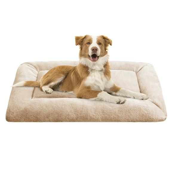 MERITLIFE Plush Washable Dog Bed Ultra Soft Dog Crate Mat Kennel Pad,Anti-Slip Pet Sleeping Bed for Small Medium Large Dogs,Beige 48" x 30"