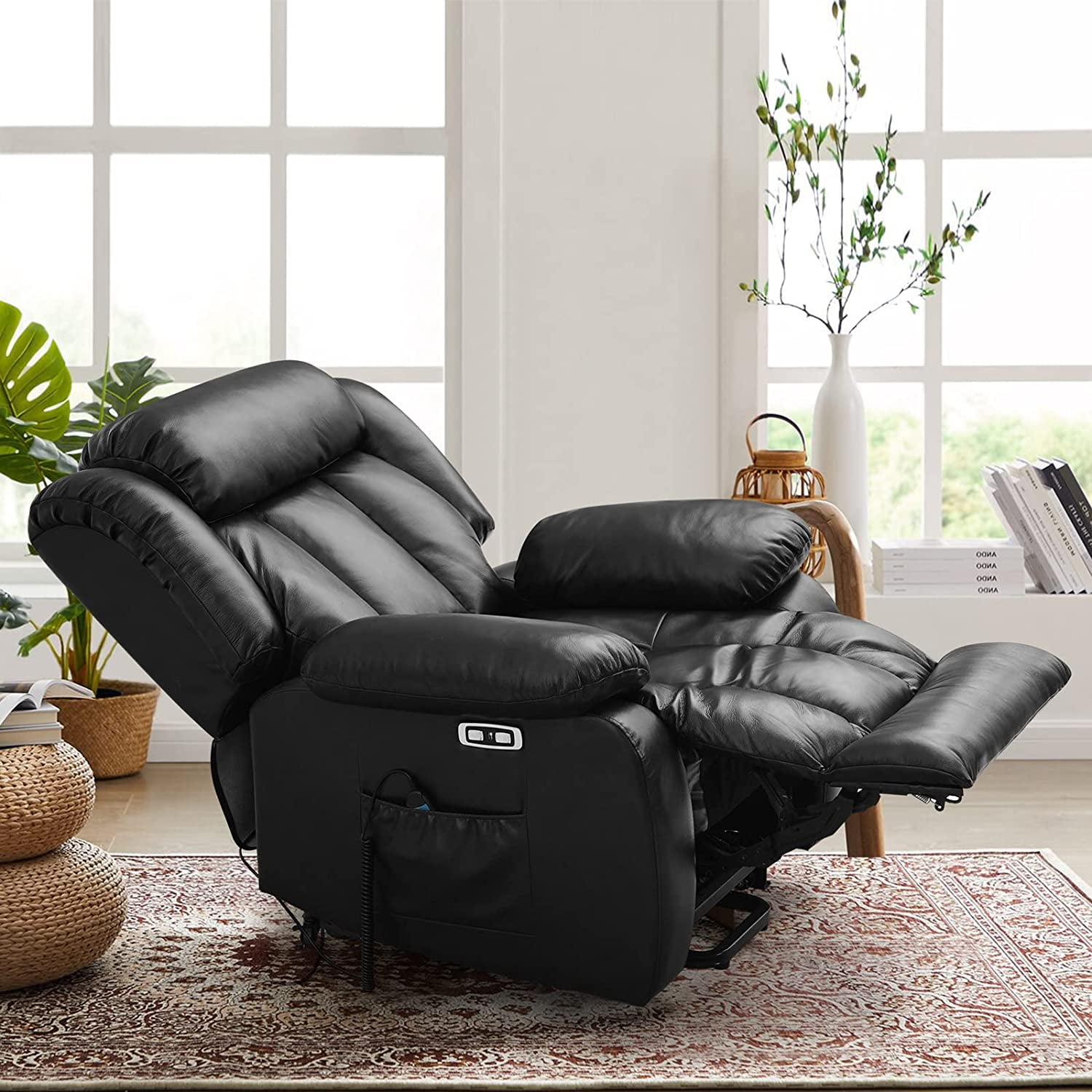 MERITLIFE Real Leather Power Lift Chair with Two Okin Motor Electric Lift  Recliner with Lumbar Support Lays Flat Home Sofa Chairs,Black 