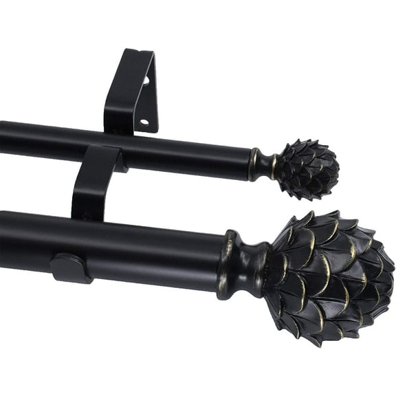 MERIVILLE 1-Inch Diameter Double Window Treatment Curtain Rod, Artichoke Finial, 28-inch to 48-inch Adjustable, Black Finish