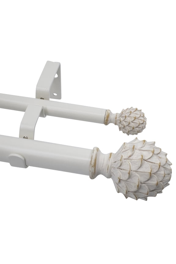 1-Inch Diameter Double Curtain Rod Set, 28–48 Inch Adjustable, Artichoke Finials, Weathered White