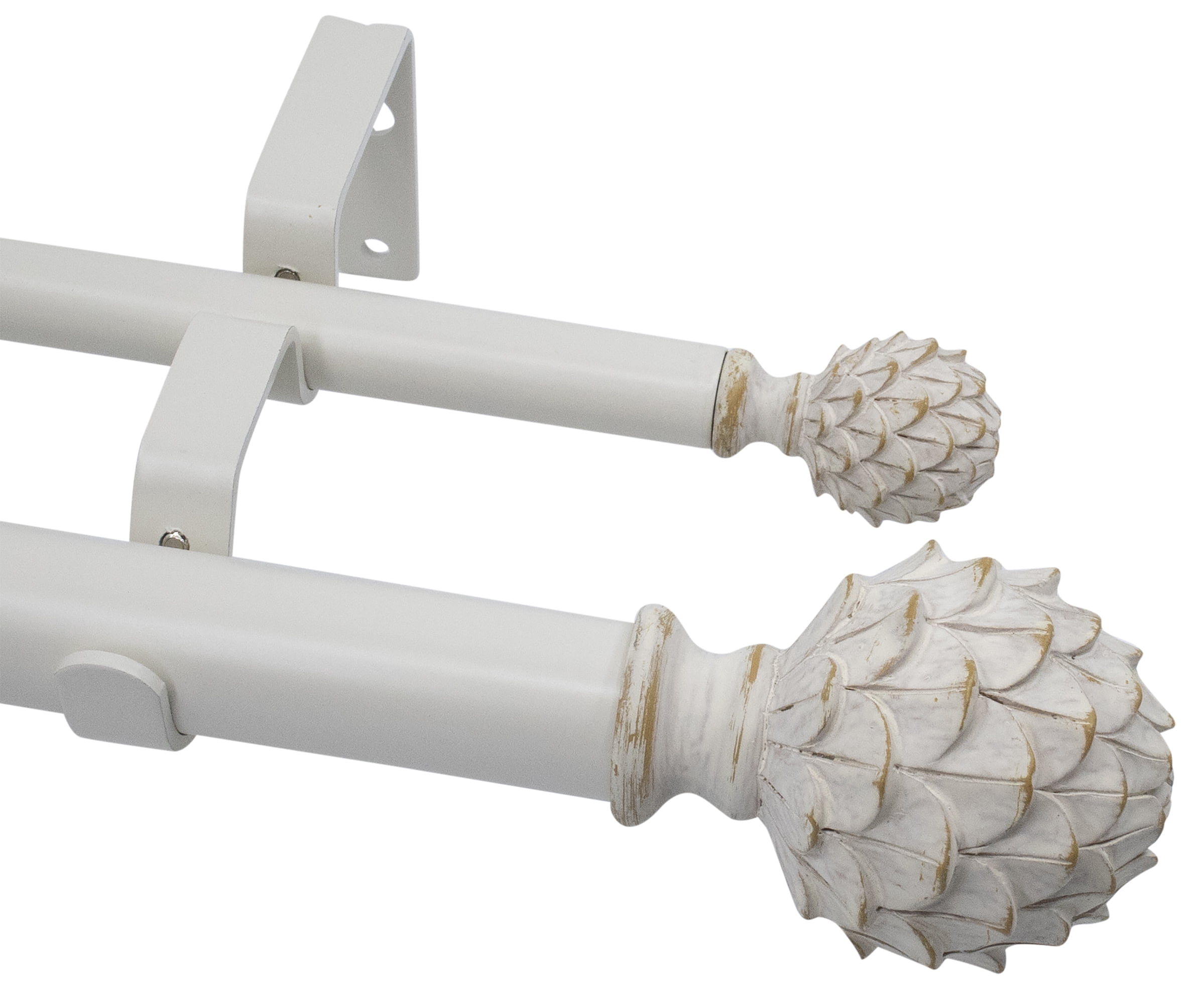 MERIVILLE 1-Inch Diameter Double Curtain Rod Set, 48–84 Inch Adjustable, Artichoke Finials, Weathered White
