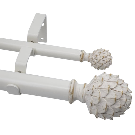 MERIVILLE 1-Inch Diameter Double Curtain Rod Set, 48–84 Inch Adjustable, Artichoke Finials, Weathered White