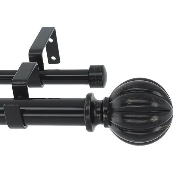 MERIVILLE 1-Inch Diameter Double Window Treatment Curtain Rod, Fluted Ball Finial, 48-inch to 84-inch Adjustable, Black