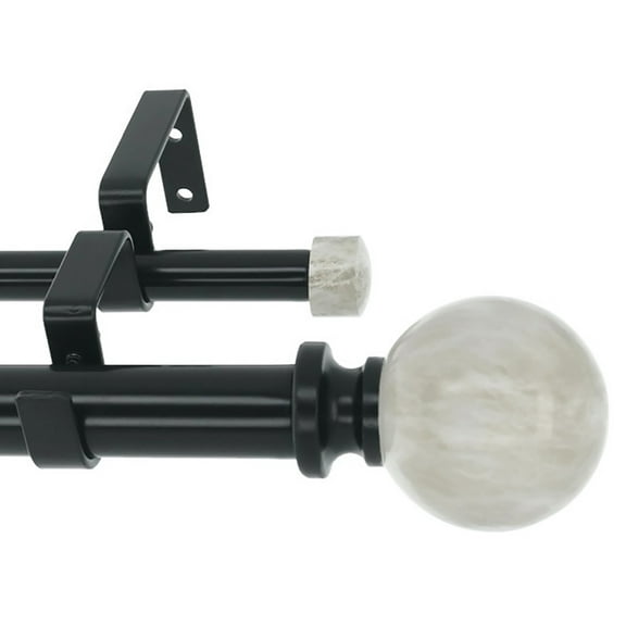 MERIVILLE 1-Inch Diameter Double Window Treatment Curtain Rod, Spanish White Marble Ball Finial, 28-inch to 48-inch Adjustable, Black