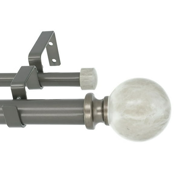 MERIVILLE 1-Inch Diameter Double Window Treatment Curtain Rod, Spanish White Marble Ball Finial, 28-inch to 48-inch Adjustable, Gunmetal