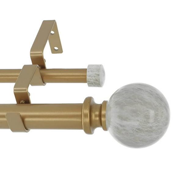 MERIVILLE 1-Inch Diameter Double Window Treatment Curtain Rod, Spanish White Marble Ball Finial, 48-inch to 84-inch Adjustable, Royal Gold