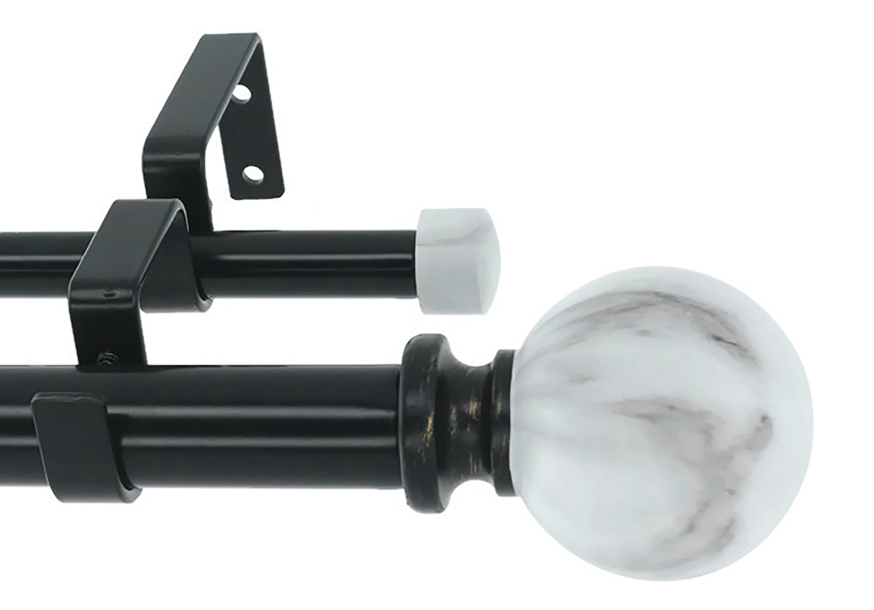 MERIVILLE 1" Double Curtain Rod Set, Adjustable 28–48 Inches, White Marble Ball Finials, Black
