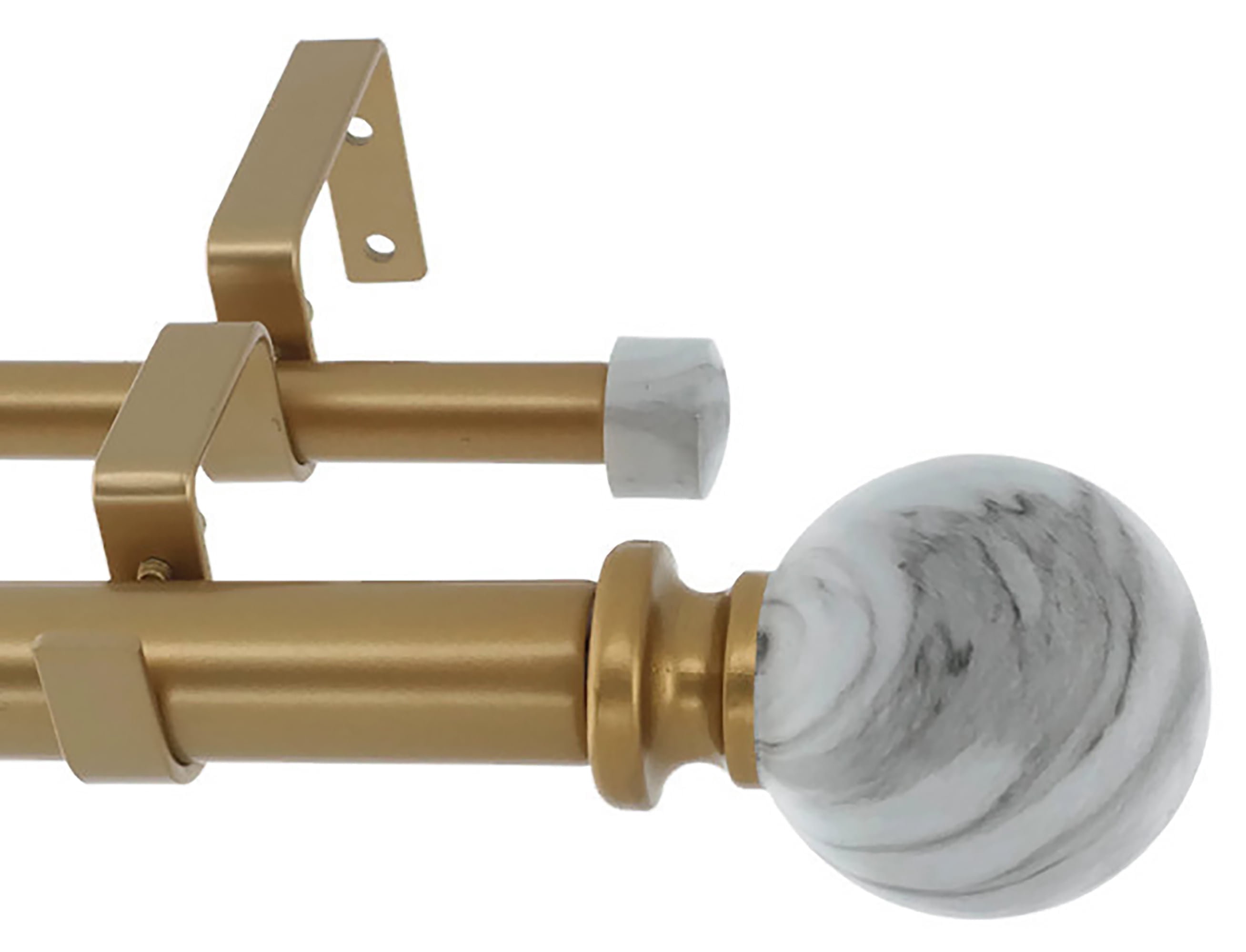 MERIVILLE 1" Double Curtain Rod Set, Adjustable 28–48 Inches, White Marble Ball Finials, Royal Gold
