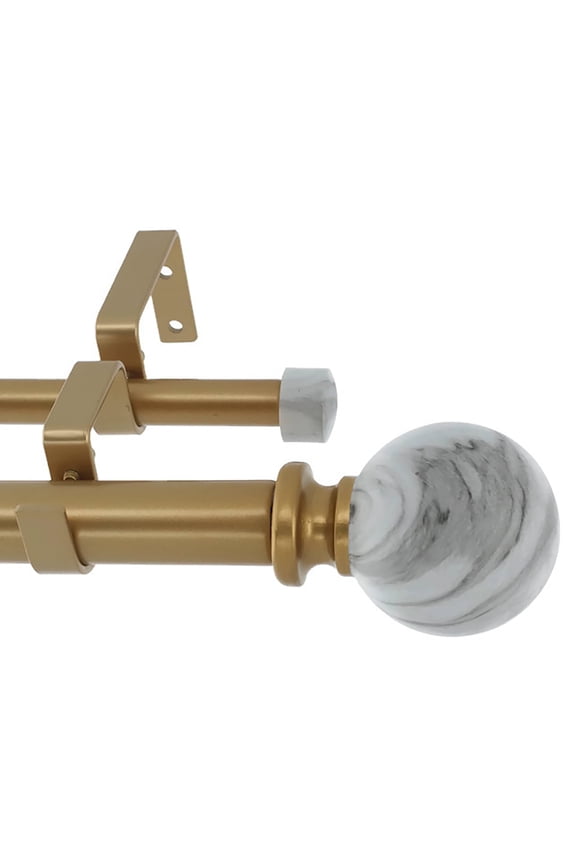 1" Double Curtain Rod Set, Adjustable 28–48 Inches, White Marble Ball Finials, Royal Gold