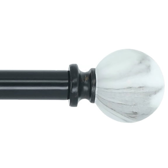 MERIVILLE 1-Inch Diameter Single Curtain Rod Set, White Marble Ball Finials, 28"-48" Adjustable, Black