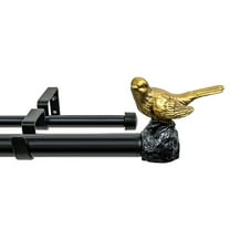 MERIVILLE 1-Inch Diameter Telescoping Double Window Curtain Rod, Renaissance Gold Bird Finials, 28"-48", Black Rod