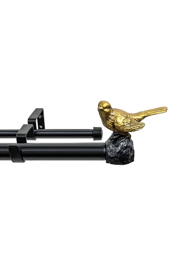 1-Inch Diameter Telescoping Double Window Curtain Rod, Renaissance Gold Bird Finials, 28"-48", Black Rod