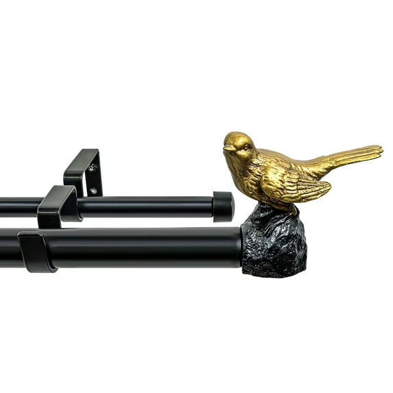 MERIVILLE 1-Inch Diameter Telescoping Double Window Curtain Rod, Renaissance Gold Bird Finials, 48"-84", Black Rod