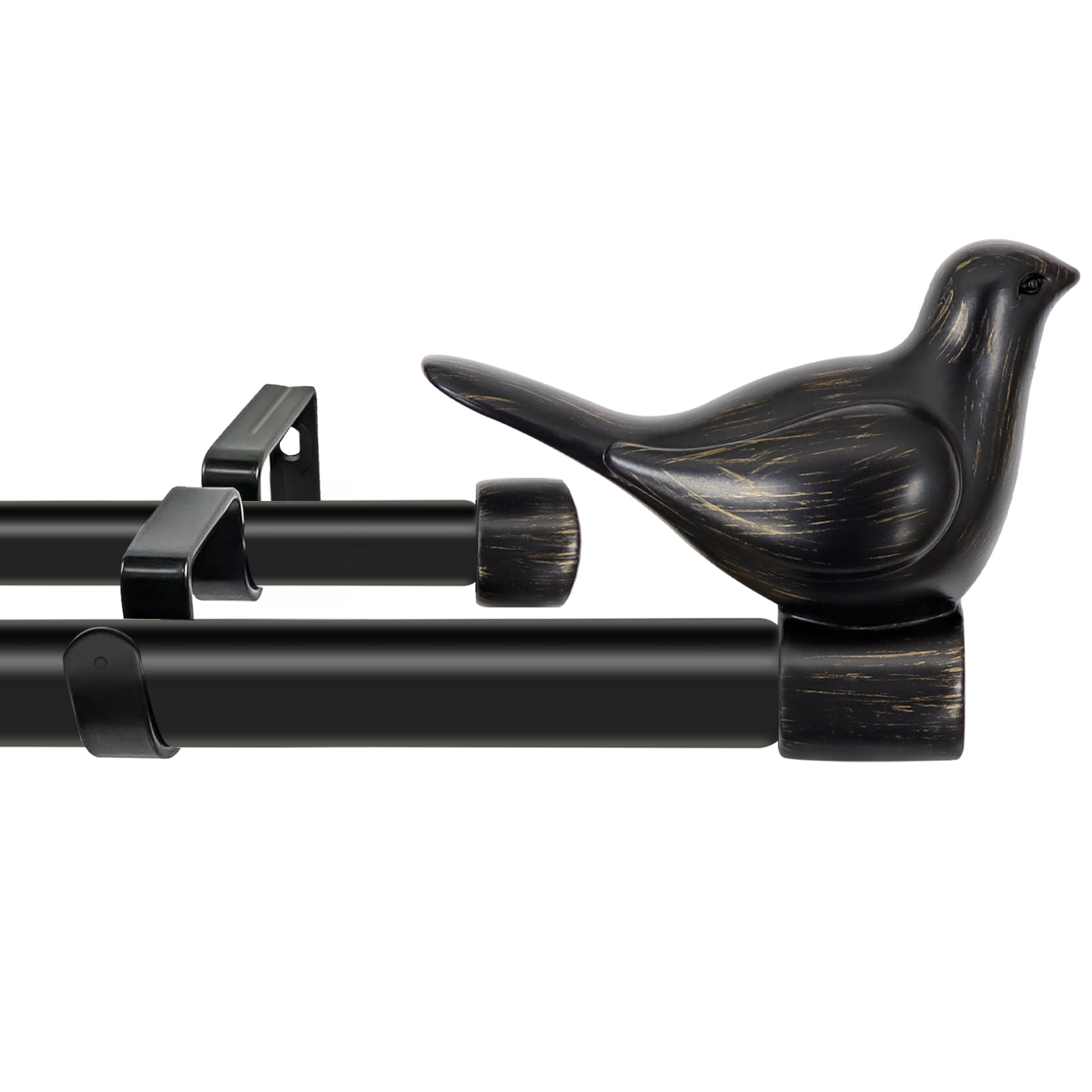 MERIVILLE 3/4-Inch Front & 5/8-Inch Back Double Curtain Rod Set, Farmhouse Bird Finials, 84"-120", Burnt Gold