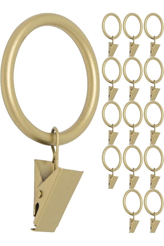 Curtain Rings with Clips, Set of 14, 1.5" Inner Diameter, Fits Up to 1 1/4" Rod, Royal Gold