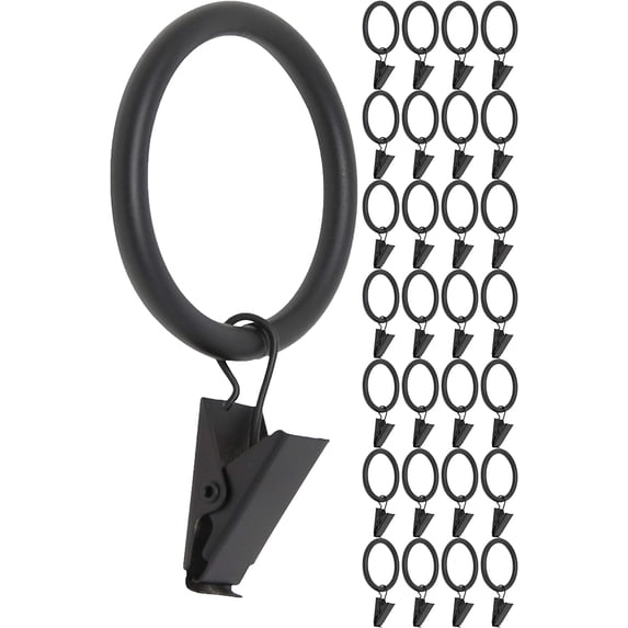 MERIVILLE Curtain Rings with Clips, Set of 28, 1.5" Inner Diameter, Fits Up to 1 1/4" Rod, Black