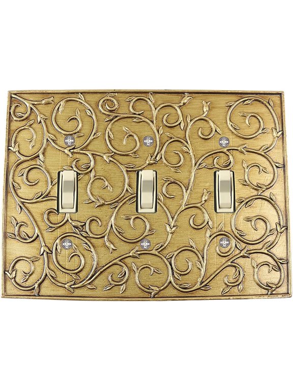 French Scroll Triple Toggle Wall Plate, Light Switch Cover, Antique Gold