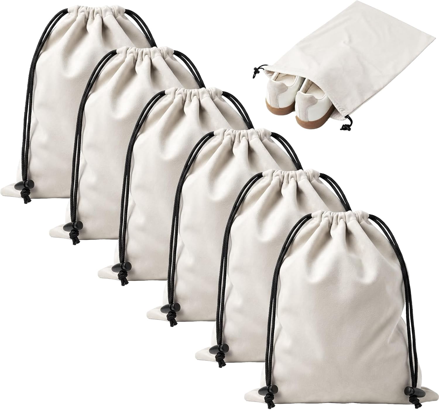 MERKFO Shoe Bags for Travel, 6-Pack Travel Shoe Bags for Luggage Packing and Closet Storage, 17.7" x 13.8" Flannel Shoe Packing Cubes with Drawstring Closure, Fits Up to US Men's Size 13, Beige